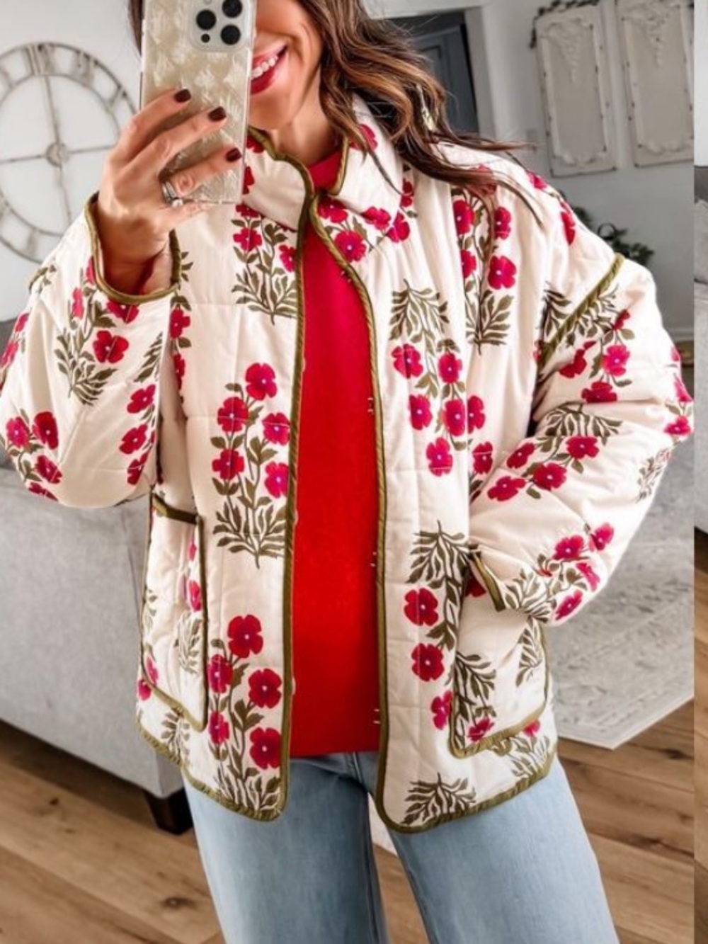 entro Cream Quilted Jacket with Red Floral Print🚌